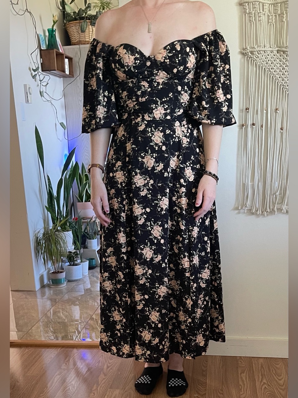Dress Forum Black Midi Dress with Pink Floral Print